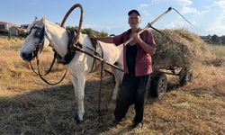 Eskişehir’de atıyla doğaya çıkıp ot biçiyor