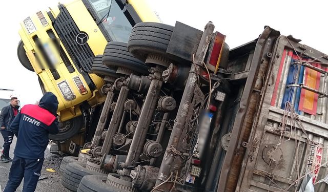 Afyonkarahisar'da balık yemi yüklü tır devrildi