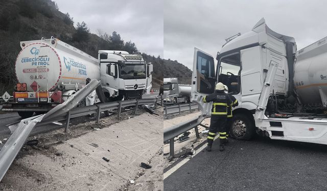 Yağışlı havada mazot yüklü tanker kaza yaptı