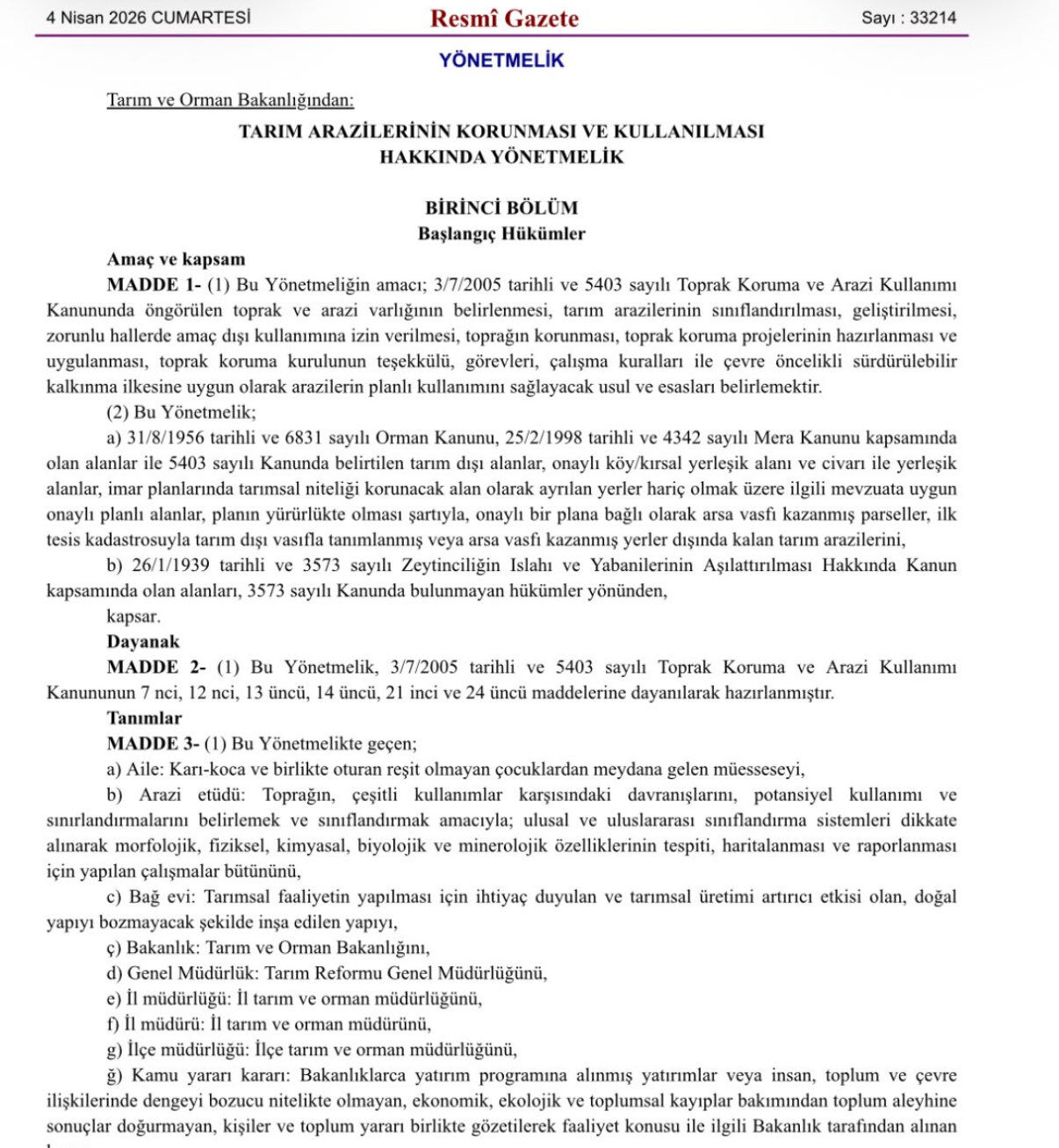 Tarım Arazilerinin Korunması Ve Kullanılması Hakkında Yönetmelik