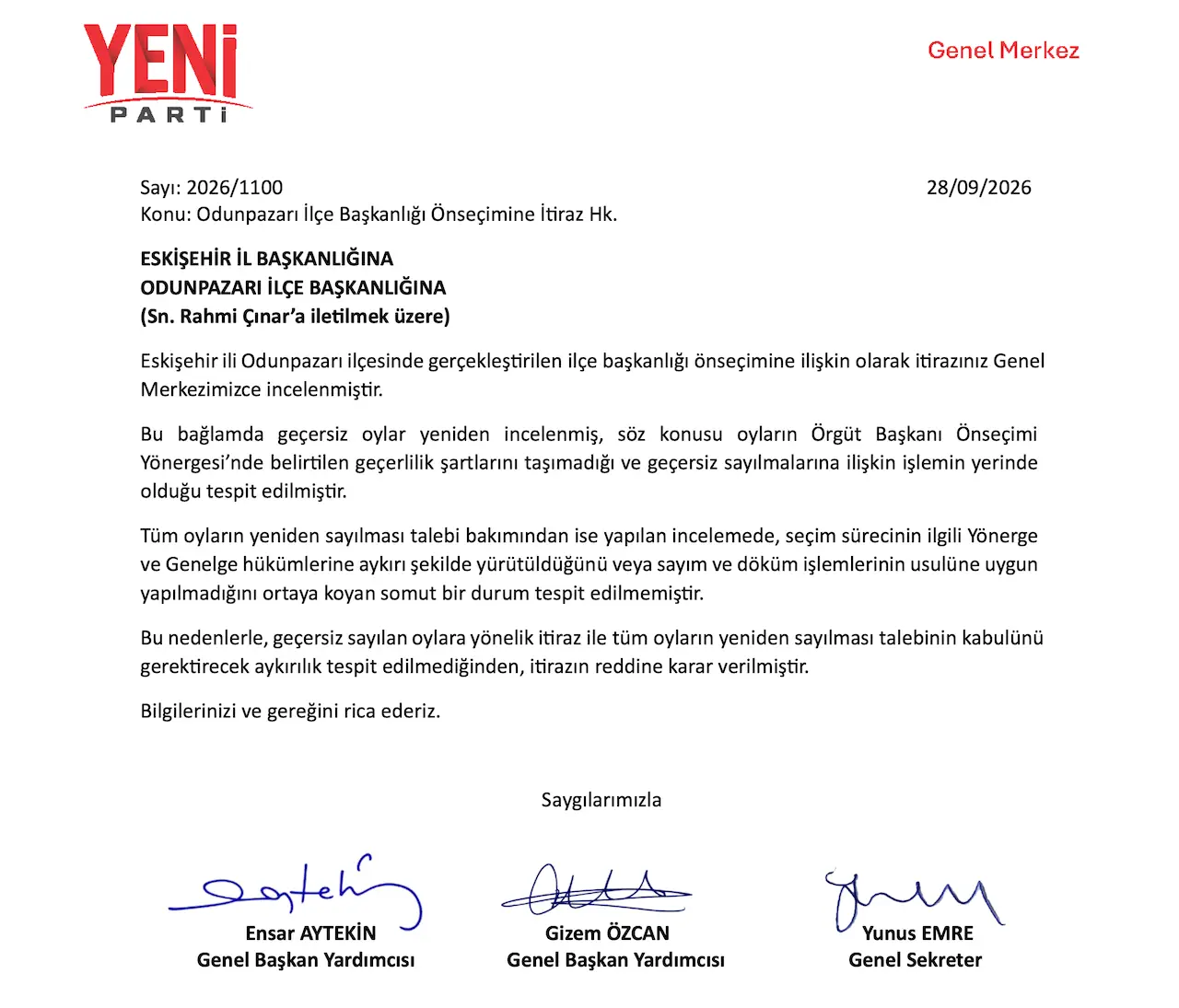 Eskişehir Odunpazarı İlçe Başkanlığı Önseçimine İtiraz Hk. Istikbalgazetesi